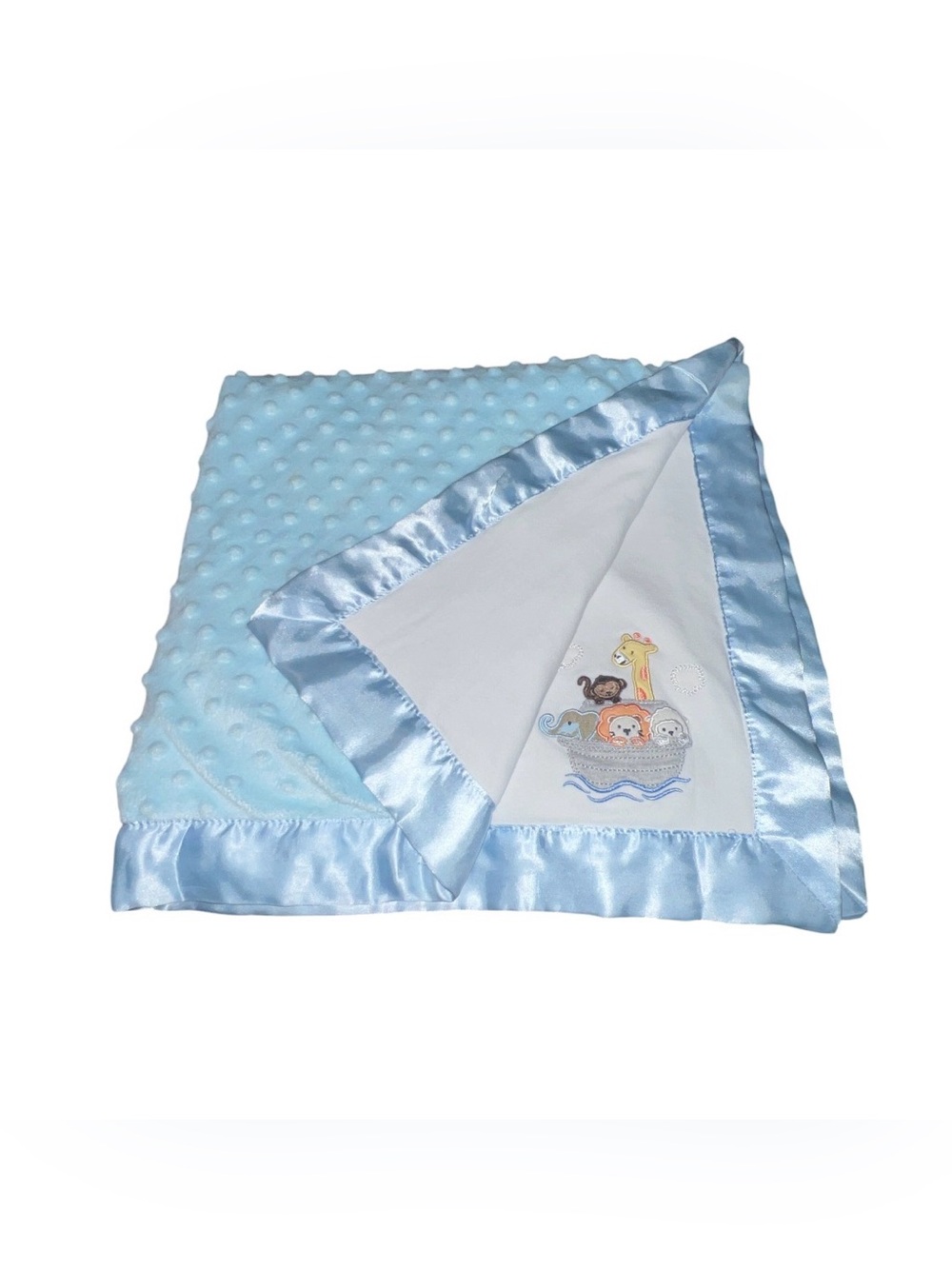 Starting Out Noah's Ark Light Blue Minky Dot Satin Trim Baby Blanket